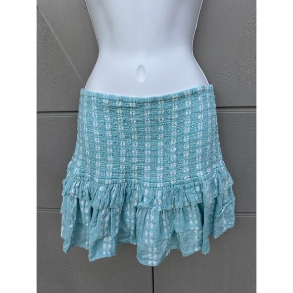Saylor Womens Celina Smocked Ruffle Mini Skirt Turquoise Sz M Coquette Feminine - Picture 6 of 15